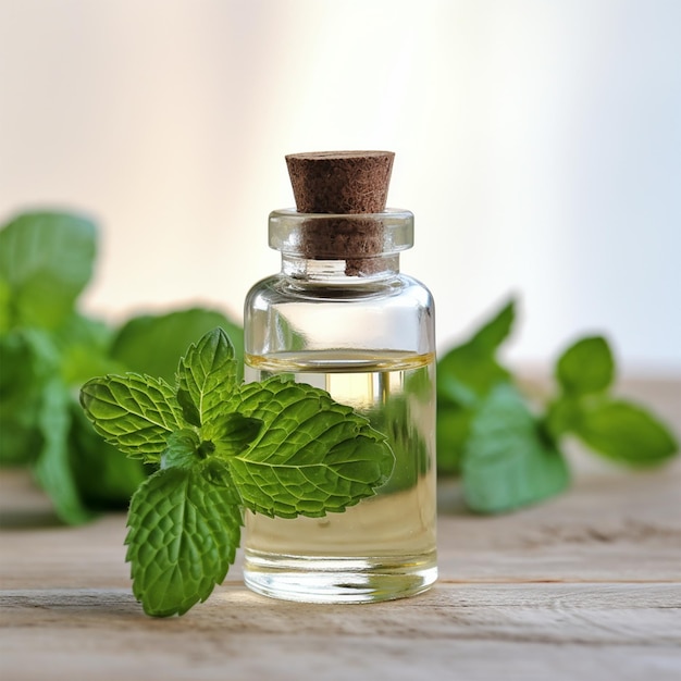 A Bottle of mint essential oil on white wooden table