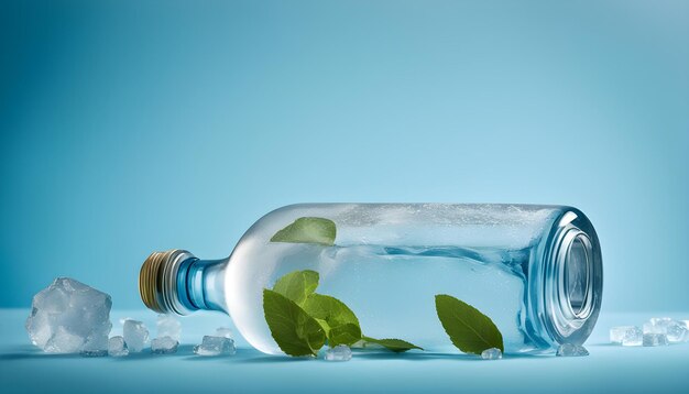 a bottle of mint leaves sits on a blue table