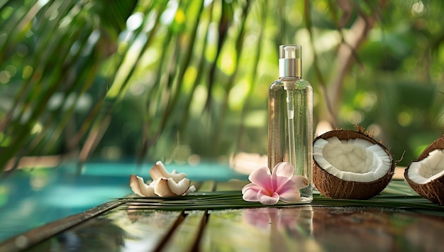 A Bottle Mockup of Clear Oil With Coconut and Plumeria Flowers on the Table in Front of Palm Trees