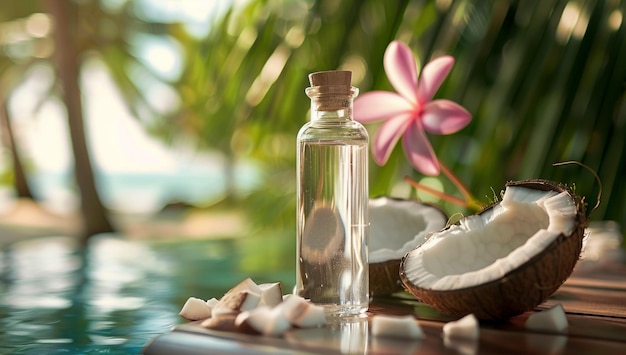 A Bottle Mockup of Clear Oil With Coconut and Plumeria Flowers on the Table in Front of Palm Trees