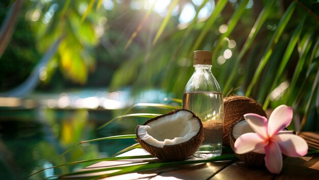 A Bottle Mockup of Clear Oil With Coconut and Plumeria Flowers on the Table in Front of Palm Trees