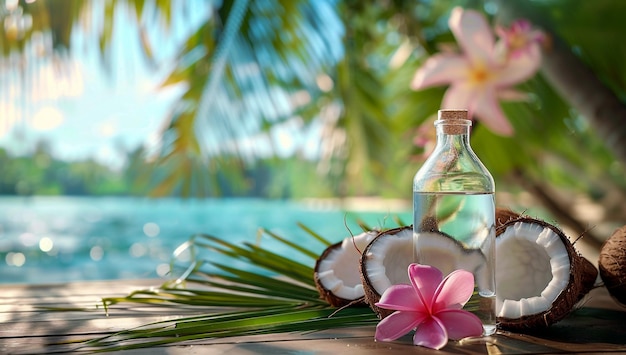 A Bottle Mockup of Clear Oil With Coconut and Plumeria Flowers on the Table in Front of Palm Trees