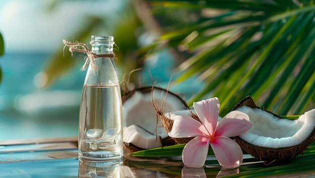 A Bottle Mockup of Clear Oil With Coconut and Plumeria Flowers on the Table in Front of Palm Trees