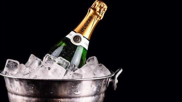 A bottle of moet & chandon champagne in a bucket of ice.