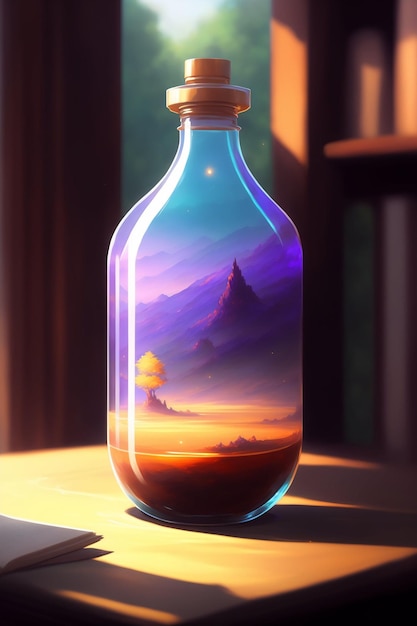 A bottle of a mountain landscape painting by the artist