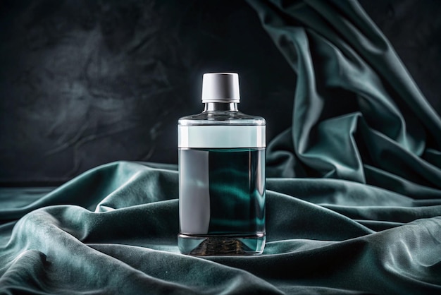 a bottle of mouthwash sits on a black cloth