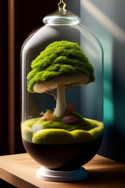 A bottle of mushroom in a bottle with a tree inside.