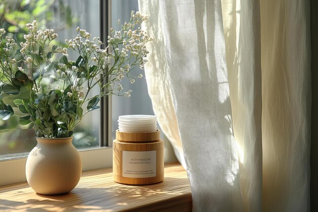 Photo a bottle of natural perfume sits on a table next to a flower pot