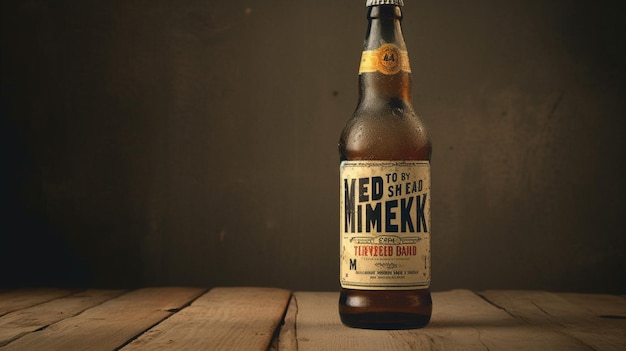 A bottle of nerd kosher beer sits on a wooden table.