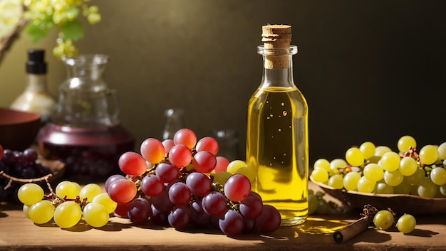 a bottle of oil next to a bunch of grapes and a bottle of olive oil