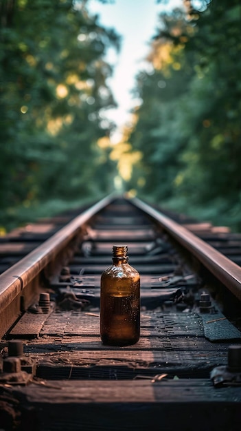 a bottle of oil sits on a railroad track