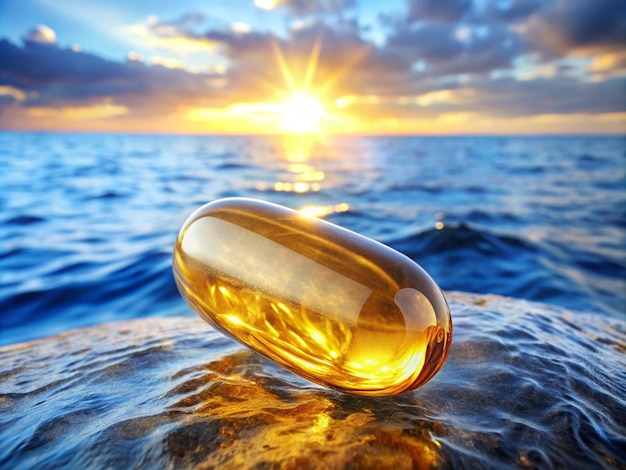 Photo a bottle of oil sits on a rock with the sun setting behind it