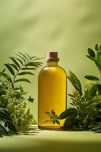 Photo a bottle of oil with a green background