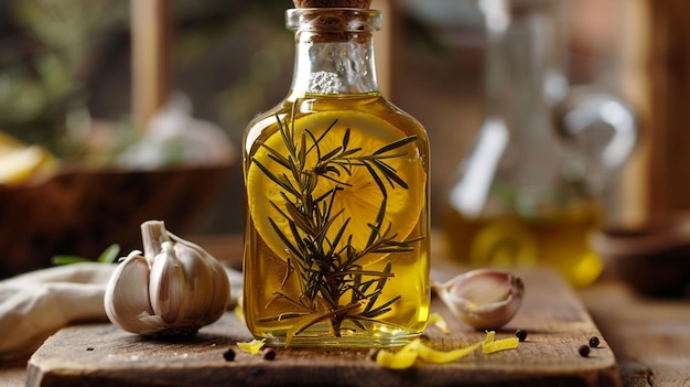 Photo a bottle of oil with a plant in it next to a garlic clove