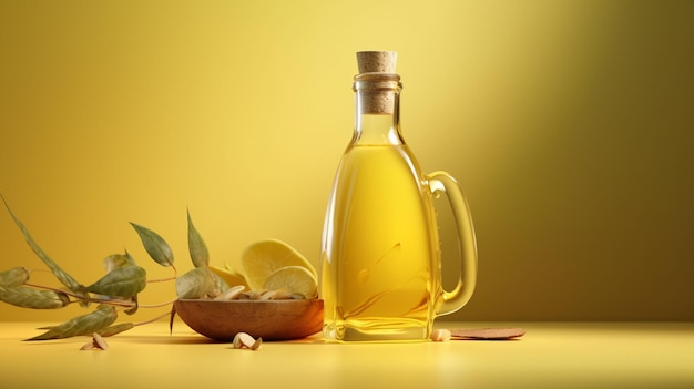 A bottle of olive oil next to a bowl of lemons.