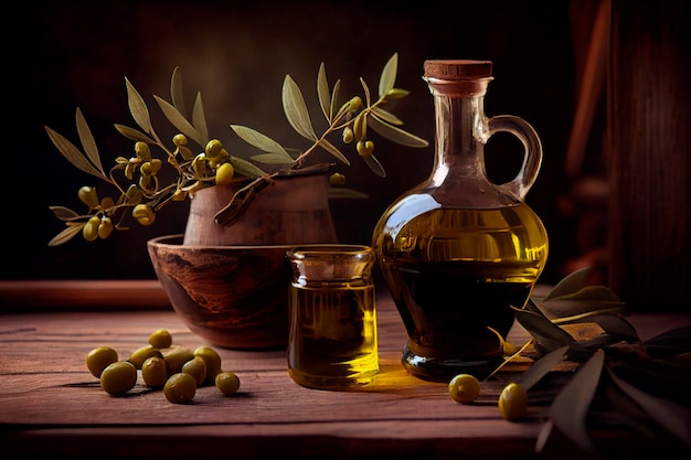 Bottle of olive oil next to a bowl of olives and sprigs of olives on a wooden table