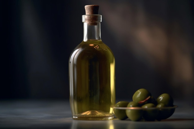 A bottle of olive oil next to a bowl of olives.