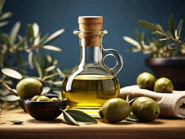 a bottle of olive oil next to a bowl of olives