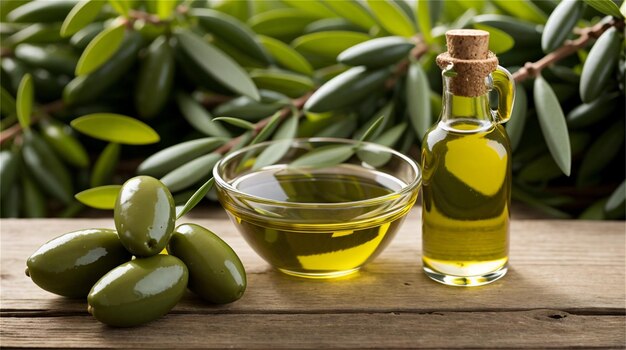 A bottle of olive oil next to a bowl of olives