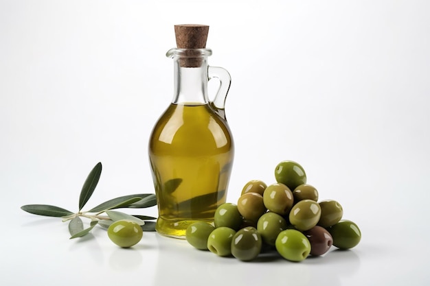 A bottle of olive oil next to a bunch of green olives.