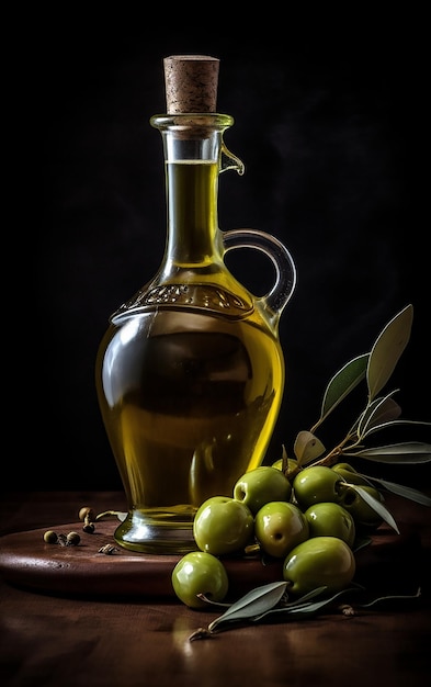 A bottle of olive oil next to a bunch of olives.