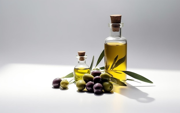 A bottle of olive oil next to a bunch of olives.