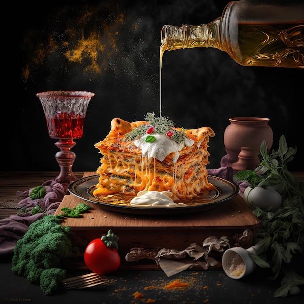 A bottle of olive oil is being poured over a plate of food.