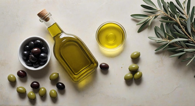 Photo a bottle of olive oil next to olive oil and olives