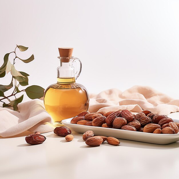 a bottle of olive oil next to a pile of almonds