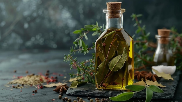 a bottle of olive oil sits on a black surface with a sprig of leaves