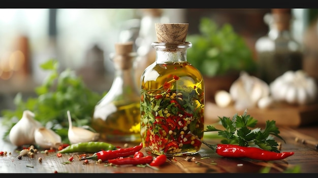 a bottle of olive oil sits next to a bunch of peppers