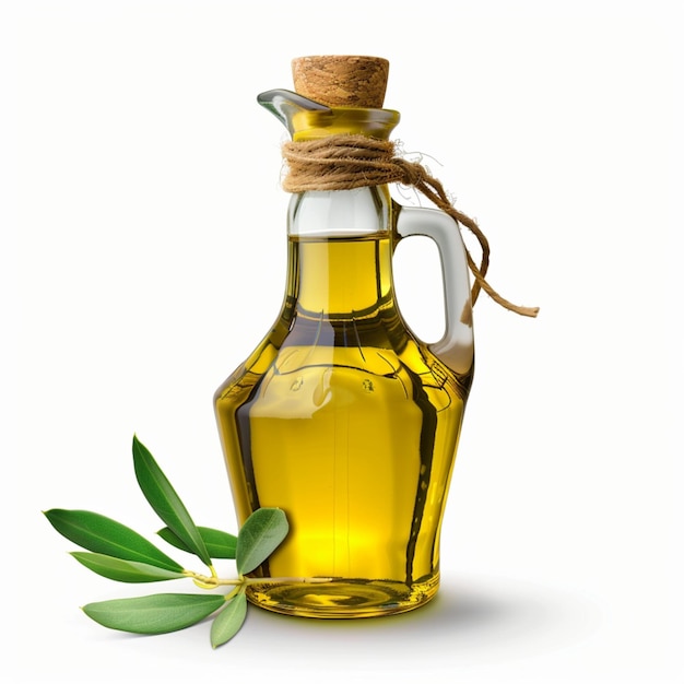 Photo a bottle of olive oil sits next to a leafy branch