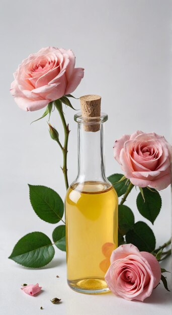 Photo a bottle of olive oil sits next to a rose