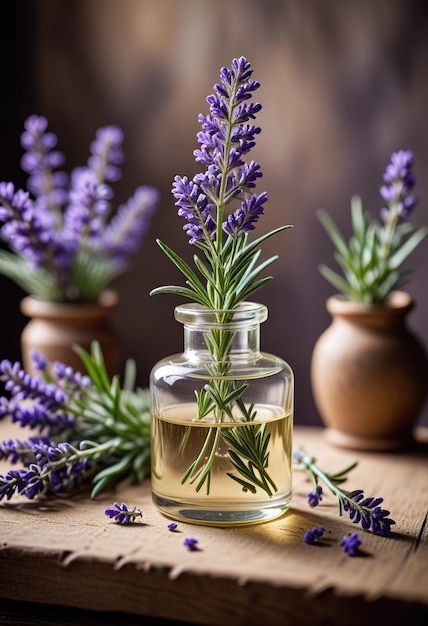 a bottle of olive oil sits next to some purple flowers