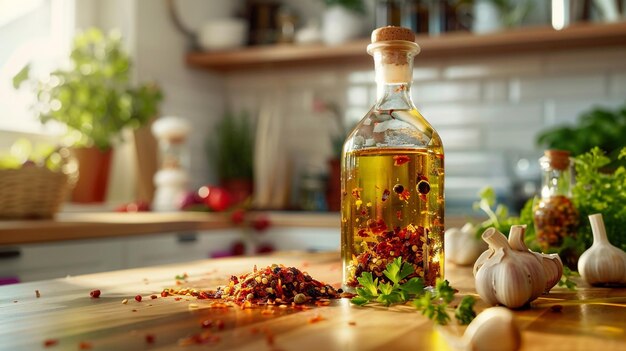 a bottle of olive oil sits on a table next to a bunch of grapes