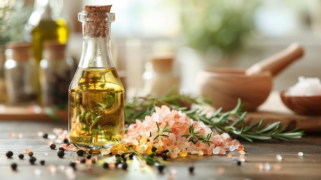 a bottle of olive oil sits on a table next to a flower arrangement