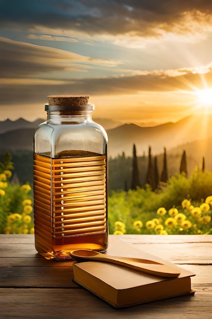 A bottle of olive oil sits on a table in front of a landscape with a mountain in the background.