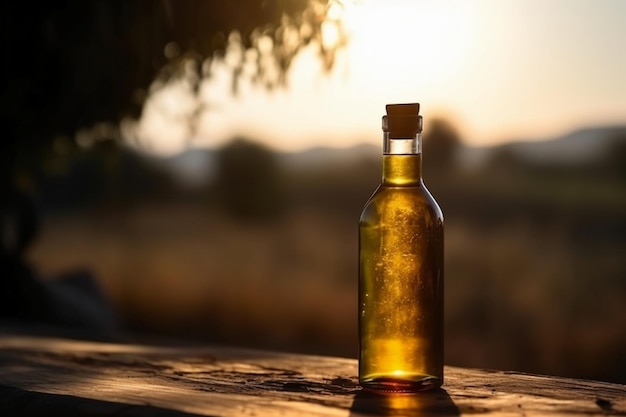 A bottle of olive oil sits on a table in front of a sunset.