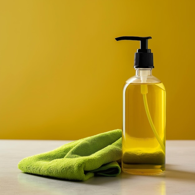 a bottle of olive oil sits on a table next to a green towel