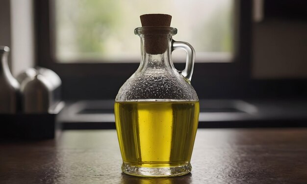 Photo a bottle of olive oil sits on a table next to a window