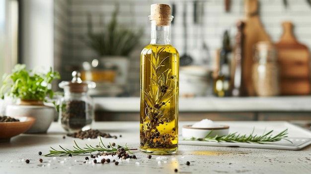 Photo a bottle of olive oil sits on a table with a bottle of olive oil