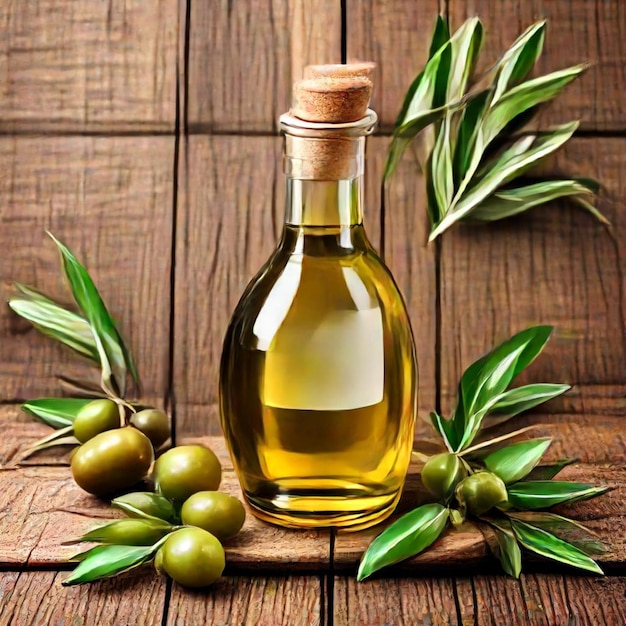 a bottle of olive oil sits on a table with a bunch of leaves