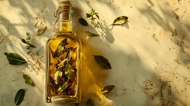 a bottle of olive oil sits on a table with leaves and leaves