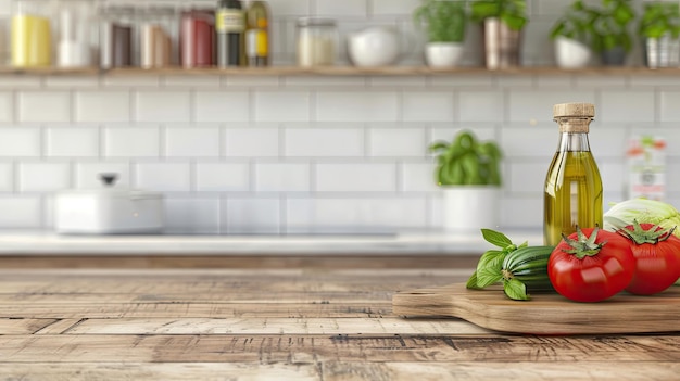 A bottle of olive oil sits on a white countertop in front of a wooden cutting board with fresh bell peppers lemon and eggs all in a modern kitchen setting