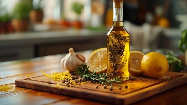 Photo a bottle of olive oil sits on a wooden cutting board with a lemon and garlic