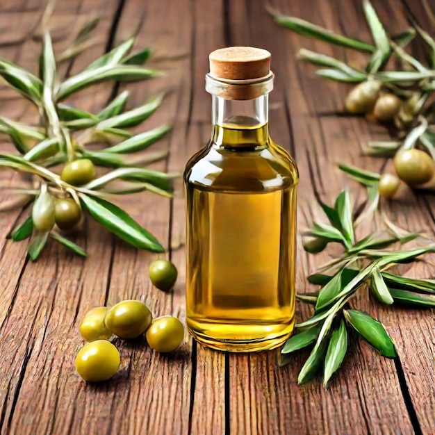 a bottle of olive oil sits on a wooden surface with olives