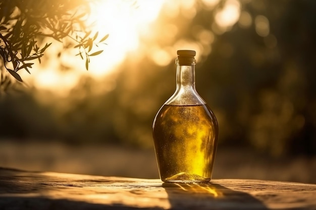 A bottle of olive oil sits on a wooden table in front of an olive tree.