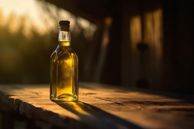 A bottle of olive oil sits on a wooden table in the sun