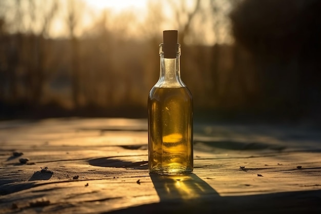 A bottle of olive oil sits on a wooden table in the sun