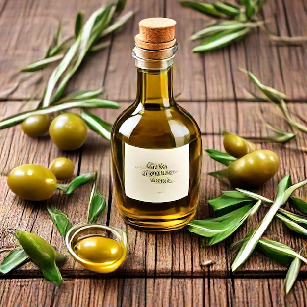 a bottle of olive oil sits on a wooden table with olives